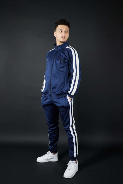 Elevate Your Comfort with Twin Stripe Badge Joggers in Navy, White, and Cream