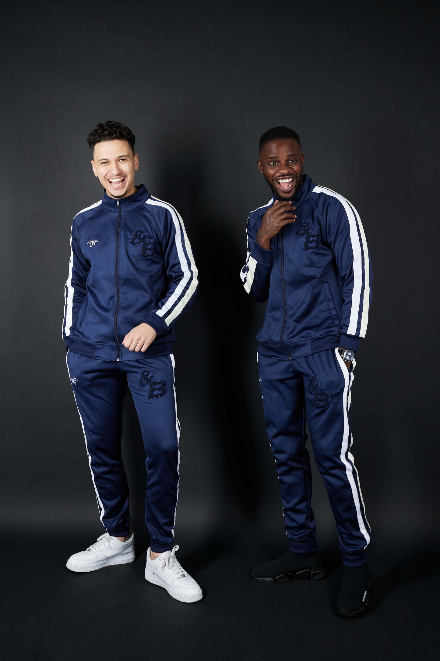 Elevate Your Comfort with Twin Stripe Badge Joggers in Navy, White, and Cream